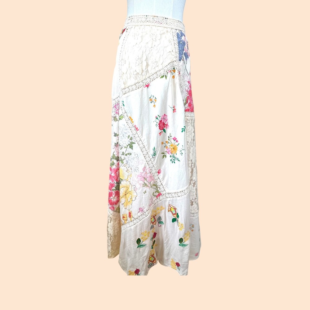 REBA NWT Patchwork Floral Lace Maxi Skirt Cream Boho Festival Prairie Size 6 - Picture 4 of 15